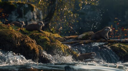 A family of playful river otters sliding down a mossy riverbank into the cool waters below, their sleek bodies twisting and turning with agile grace 