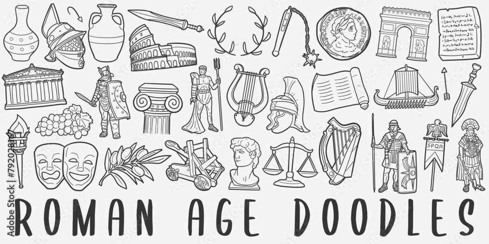 Wall mural roman age doodle icons black and white line art. rome clipart hand drawn symbol design.