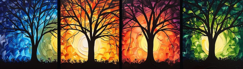 4 panel painting of trees with sunset in each panel, dark background, colorfulcinematic - obrazy, fototapety, plakaty
