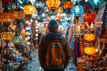 Explorer Amidst Vibrant Market Lanterns