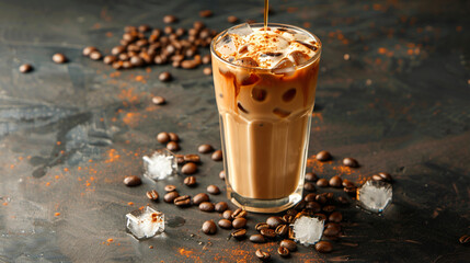 Ice coffee in a tall glass with cream poured