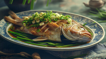 Whole steamed fish with scallions - 792028342