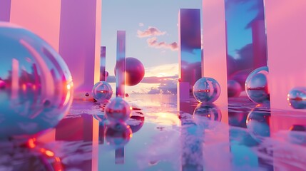 Pink and blue pastel color 3D rendering, with spheres and rectangular shapes, reflecting the environment, on a reflective surface.