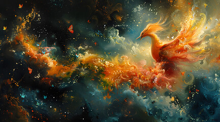 Mythical Emergence: Oil Painting of Phoenixes, Dragons, and Butterflies in Garden Explosion - obrazy, fototapety, plakaty
