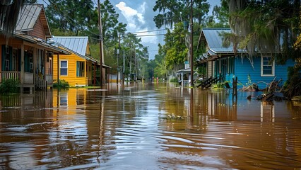 Florida State Devastated by Hurricane, Resulting in Severe Flooding and Destruction. Concept Florida, Hurricane, Severe Flooding, Destruction, Emergency Response - obrazy, fototapety, plakaty