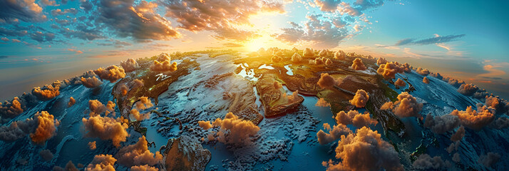 Sunset in the mountains 3D image,
Blue panorama of the sky at sunset with clouds and sun