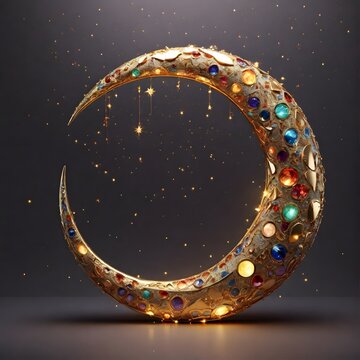 A beautiful shiny 3d golden crescent moon with stars in the background. Decoration for Ramadan and Eid.