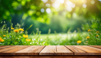 Empty wooden table. Mock up for product display. Green blurred nature on background.