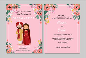 Set of Indian Wedding Invitation Cards featuring adorable Bride and Groom, adorned with floral decorations - Vector Illustration