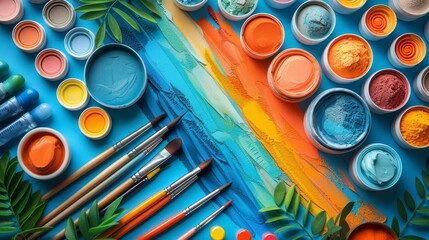 Colorful art supplies arranged creatively on a vibrant turquoise background