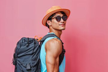 Happy young male wearing sunglasses and hat with black backpack isolated on pastel background, handsome asian Wear a tank top travel concept