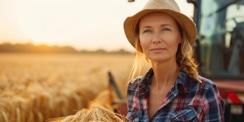 A woman farmer in her field next to agricultural machinery while harvesting grain crops. Generative AI