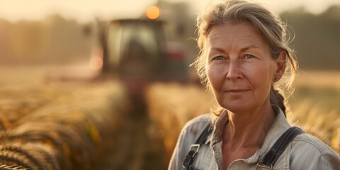 A woman farmer in her field next to agricultural machinery while harvesting grain crops. Generative AI