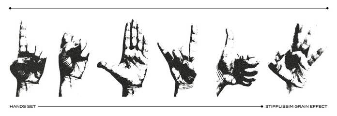 Trendy set of hands with retro photocopy effect. Gestures in the style of 2000. Grain effect elements. Modern vector illustration.