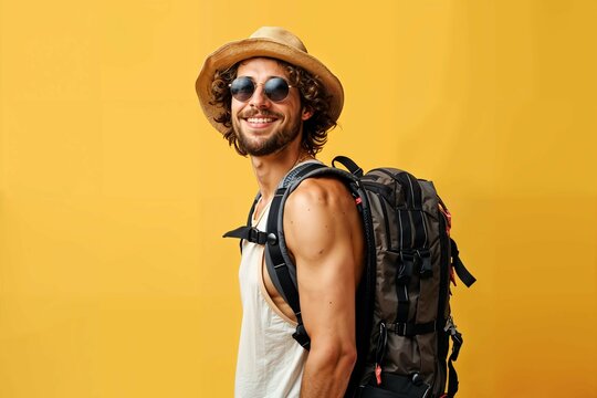 Happy young male wearing sunglasses and hat with black backpack isolated on pastel background, handsome Wear a tank top travel concept