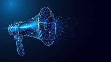 Glowing polygonal megaphone on blue background. Communication and raising public awareness concept, 3D Rendering. AI generated illustration