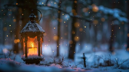 A lantern sits on the snow in a snowy forest. The lantern is made of metal with a glass window and has a lit candle inside. There are some bare branches near the lantern. The background is blurry, wit