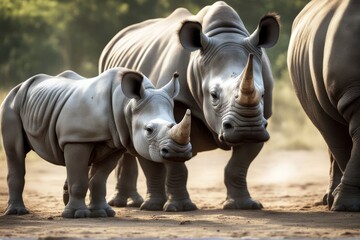 'rhino getting mother drink baby ready africa south southern big five endangered family game horn juvenile lake low angle picture pool private reserve safari sawn scene standing thirst thirsty water' - obrazy, fototapety, plakaty