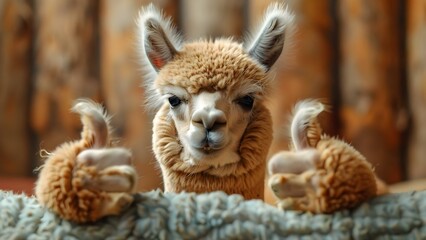 Naklejka premium Alpaca llama giving thumbs up approving good work or product Banner with copy space. Concept Alpaca Llama, Thumbs Up, Approval, Good Work, Banner Design