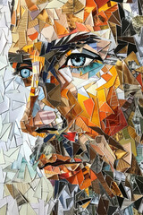 A mosaic depicting a mans face with striking blue eyes