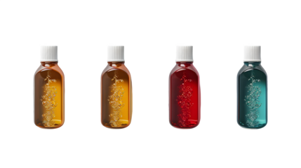 Bottles with colorful liquids isolated on a transparent background, PNG, Ai