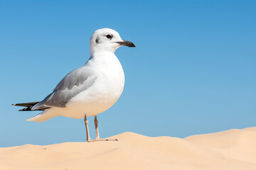 Obraz premium Seagull on the beach, standing on sand, blue sky and sand background