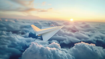 A paper plane is flying in the sky above the clouds. The sun is setting in the background. sunset
