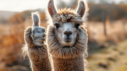 Fototapeta premium Thumbs-Up Alpaca Llama Approving Good Work or Product Banner with Copy Space. Concept Alpaca Llama, Thumbs-Up, Approval, Banner, Copy Space