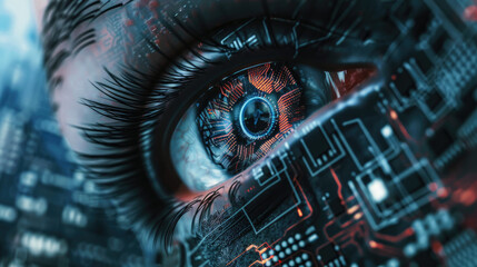 A close-up view of a persons eye with a modern, futuristic cityscape in the background, showcasing a blend of human and technological elements
