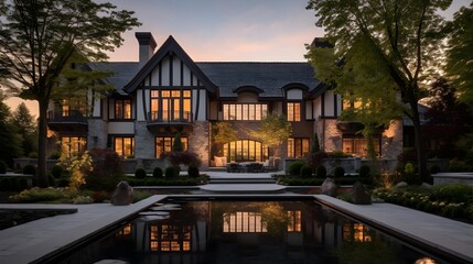 Luxury house in the garden at sunset time. Luxury house in the garden