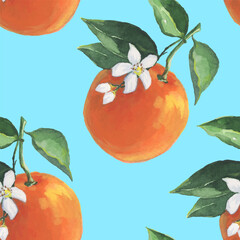 Oranges Pattern illustration with watercolor on blue color