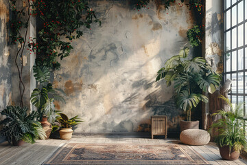 A photo of a large wall with plants and flowers, in the style of boho interior design, with industrial materials, carpet on the floor. Created with Ai