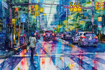 A painting depicting a man confidently striding across a bustling city street, surrounded by vehicles and pedestrians