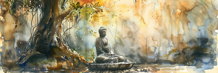 A painting depicting a Buddha statue sitting in meditation posture under a tree
