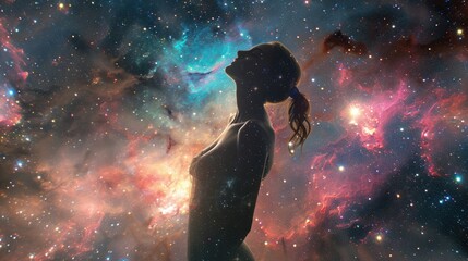 Fototapeta na wymiar The double exposure picture of adult female human with galaxy or universe in great enormous space that starring into beautiful bright galaxy space that filled with uncountable amount of star. AIGX03.