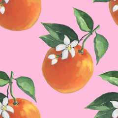 Oranges Pattern illustration with watercolor on pink color