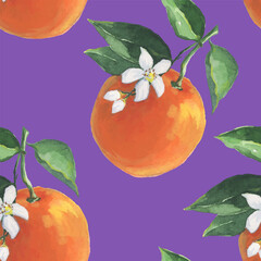 Oranges Pattern illustration with watercolor on violet color