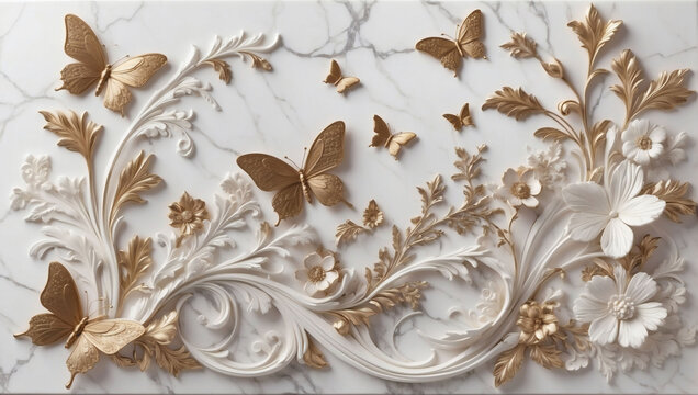 Exquisite wall decor featuring a marble background accentuated by intricate floral designs and elegant butterfly silhouettes, adding sophistication to any space.