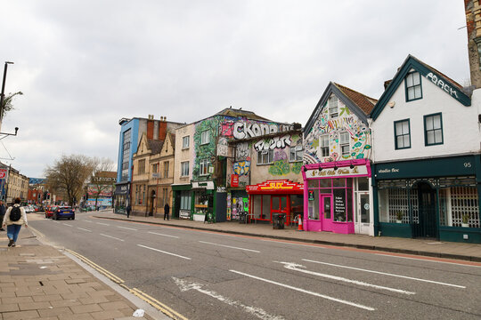 Colorful and typical British houses in Stokes Croft neighborhood in Bristol city
