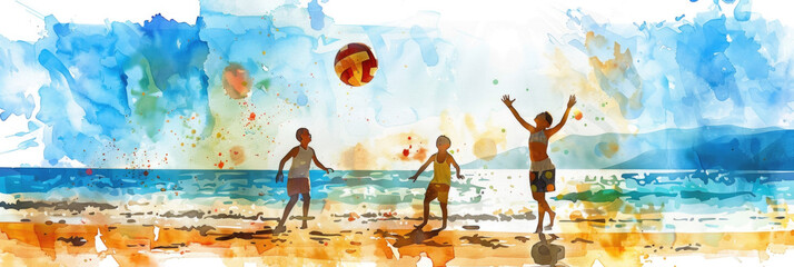 Two children, a boy and a girl, joyfully play with a ball on the sandy beach as waves gently crash in the background