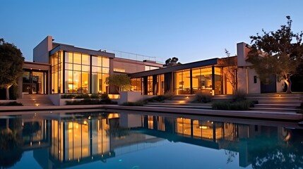 Panoramic view of a modern luxury house with swimming pool.