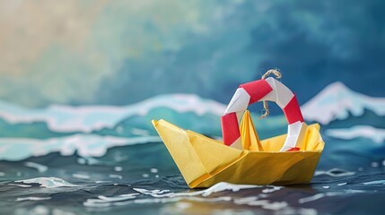 A yellow paper boat sits in water with an orange life preserver around it. The boat is lit by a warm glow and there is a blurred background of water and sky with a bright spot in the distance that mig - obrazy, fototapety, plakaty