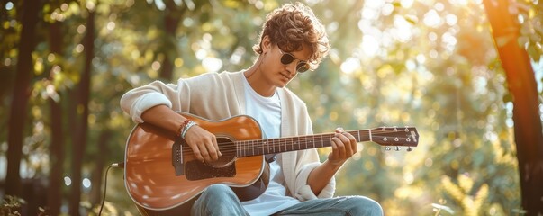 A male musician plays acoustic guitar in a park bathed in sunlight amidst green trees.