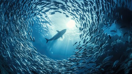 Majestic shark circles in school of fish - A majestic shark circles a large school of fish, showcasing the balance of power and grace in the aquatic world - obrazy, fototapety, plakaty
