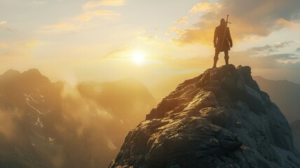 Warrior standing on a mountain at sunrise - A majestic view of a warrior silhouetted against the rising sun on a mountain peak, encapsulating the triumph of conquering challenges - obrazy, fototapety, plakaty