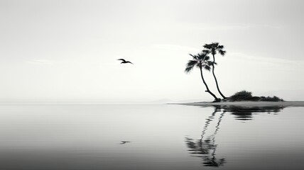 Sparse Palm Trees and Bird Reflecting on Water - A minimalistic image depicting sparse palm trees on a secluded landform with a bird in flight, all reflected on a still water surface - obrazy, fototapety, plakaty