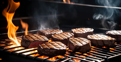 Barbecue - steaks are grilled on fire