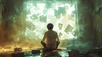  Person Sitting In A Fragmented Room, Pieces Of The Room Floating Around As If Disintegrating, Symbolizing Memory Loss - obrazy, fototapety, plakaty