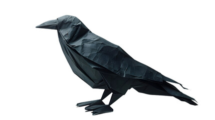  A minimalist paper art of a black origami crow, transparent background, PNG Cutout