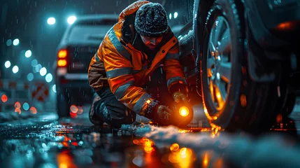 Fotobehang Roadside Assistance Service In Action At Night © mitarart